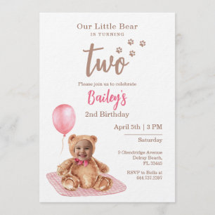 Little Bear Pink Any Age Birthday Photo Invitation