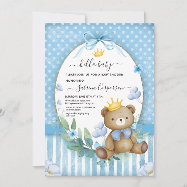 Little Bear Prince blue flower Baby boy Shower Invitation (Front)
