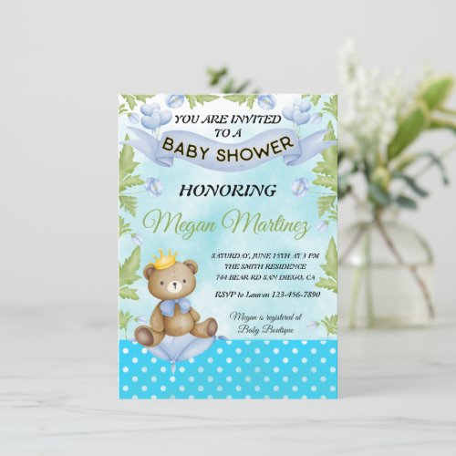 little bear prince blue Flower boy baby shower  Invitation