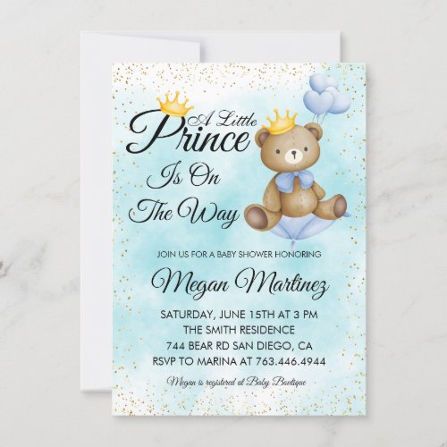 little bear prince blue gold boy baby shower invitation