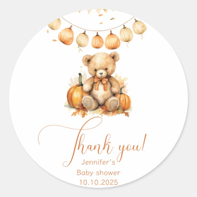 Little bear pumpkin fall baby shower thank you classic round sticker (Front)