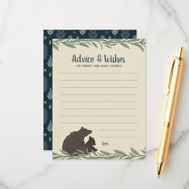 Little Bear Rustic Baby Shower Wishes and Advice Card (Front/Back In Situ)