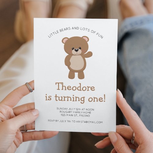 Little Bear Turning One Woodland First Birthday Invitation