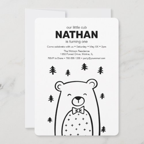 Little Bear with Bow Tie in Forest birthday Invitation