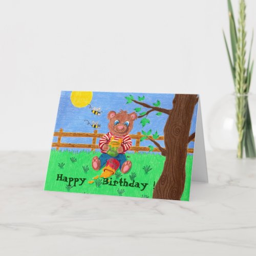 Little bear with honey kid birthday card