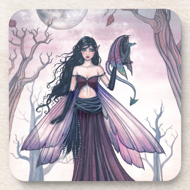 Little Beast Purple Fairy and Dragon Fantasy Art Beverage Coaster (Front)