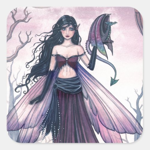 Little Beast Purple Fairy and Dragon Fantasy Art Square Sticker