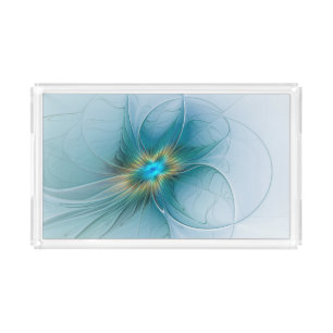 Little Beauty Modern Blue Gold Fractal Art Flower Acrylic Tray