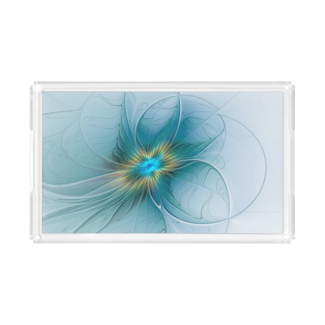 Little Beauty Modern Blue Gold Fractal Art Flower Acrylic Tray (Front)