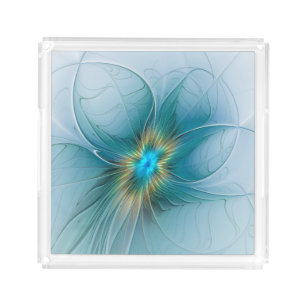 Little Beauty Modern Blue Gold Fractal Art Flower Acrylic Tray