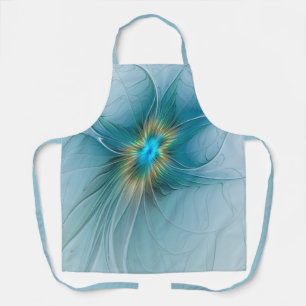 Little Beauty Modern Blue Gold Fractal Art Flower Apron