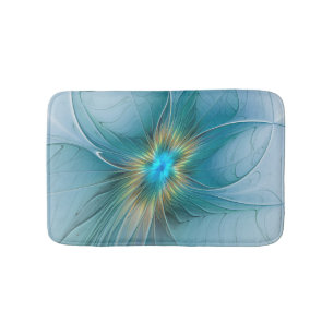 Little Beauty Modern Blue Gold Fractal Art Flower Bath Mat
