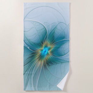 Little Beauty Modern Blue Gold Fractal Art Flower Beach Towel