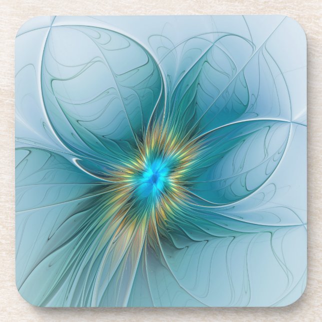 Little Beauty Modern Blue Gold Fractal Art Flower Beverage Coaster (Front)