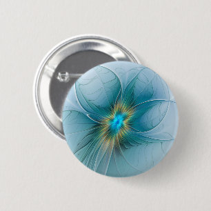 Little Beauty Modern Blue Gold Fractal Art Flower Button
