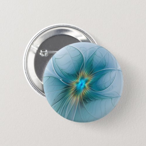 Little Beauty Modern Blue Gold Fractal Art Flower Button