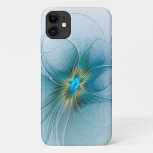 Little Beauty Modern Blue Gold Fractal Art Flower iPhone 11 Case