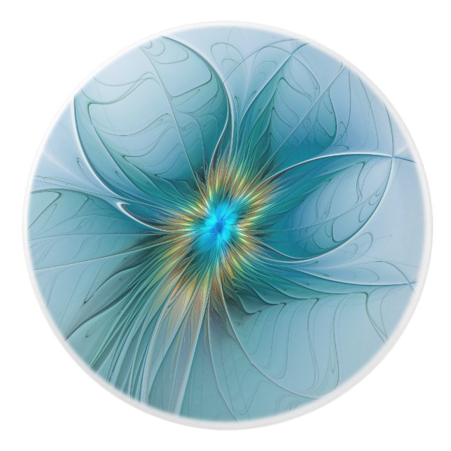 Little Beauty Modern Blue Gold Fractal Art Flower Ceramic Knob (Front)