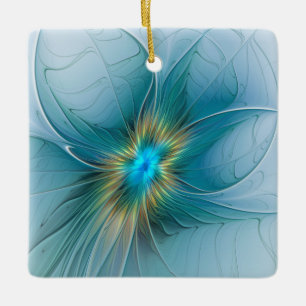 Little Beauty Modern Blue Gold Fractal Art Flower Ceramic Ornament