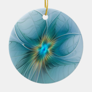 Little Beauty Modern Blue Gold Fractal Art Flower Ceramic Ornament