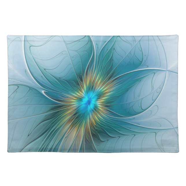 Little Beauty Modern Blue Gold Fractal Art Flower Cloth Placemat (Front)