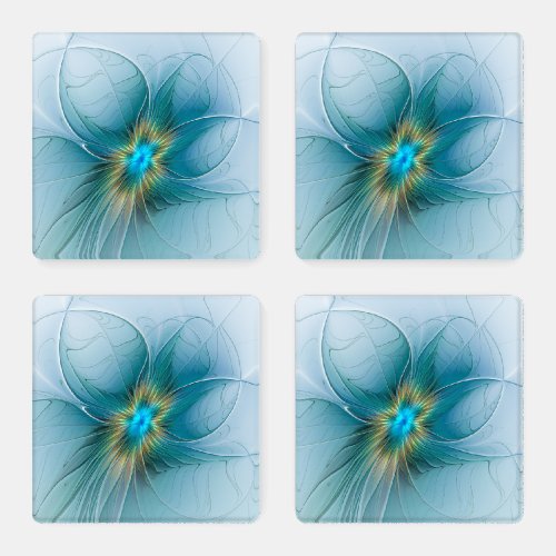 Little Beauty Modern Blue Gold Fractal Art Flower Coaster Set