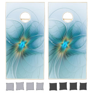 Little Beauty Modern Blue Gold Fractal Art Flower Cornhole Set