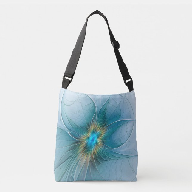 Little Beauty Modern Blue Gold Fractal Art Flower Crossbody Bag (Front)