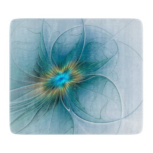 Little Beauty Modern Blue Gold Fractal Art Flower Cutting Board