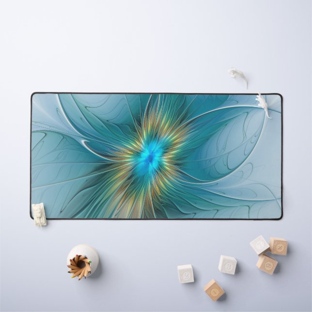 Little Beauty Modern Blue Gold Fractal Art Flower Desk Mat (Kids Table)