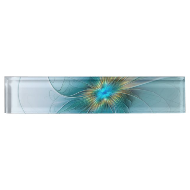 Little Beauty Modern Blue Gold Fractal Art Flower Desk Name Plate (Front)