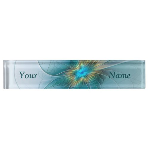 Little Beauty Modern Blue Gold Fractal Art Flower Desk Name Plate