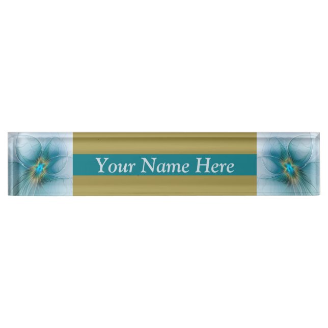 Little Beauty Modern Blue Gold Fractal Art Flower Desk Name Plate (Front)