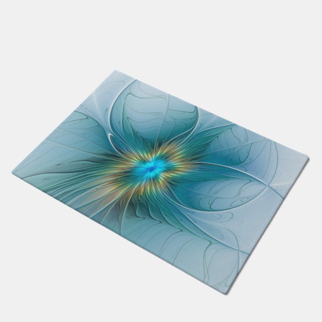 Little Beauty Modern Blue Gold Fractal Art Flower Doormat (Angled)