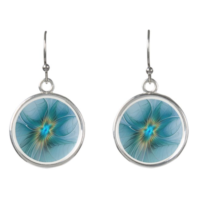 Little Beauty Modern Blue Gold Fractal Art Flower Earrings (Front)