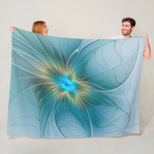 Little Beauty Modern Blue Gold Fractal Art Flower Fleece Blanket