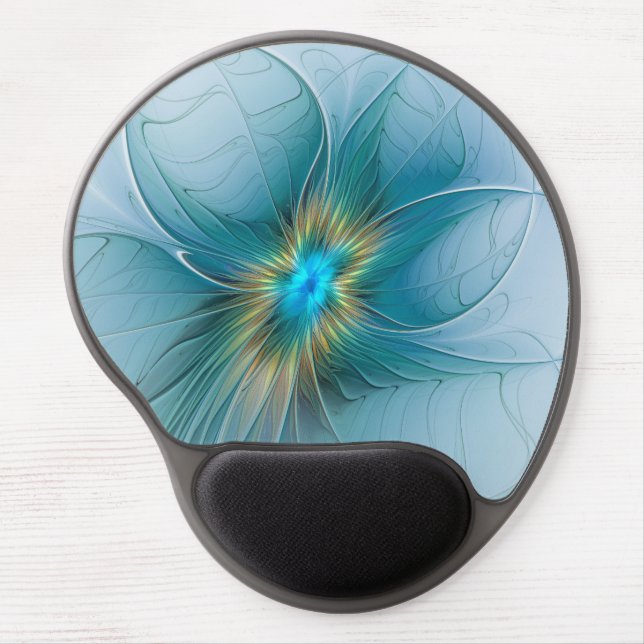 Little Beauty Modern Blue Gold Fractal Art Flower Gel Mouse Pad (Front)