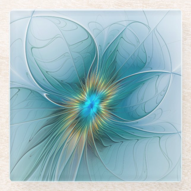 Little Beauty Modern Blue Gold Fractal Art Flower Glass Coaster (Front)