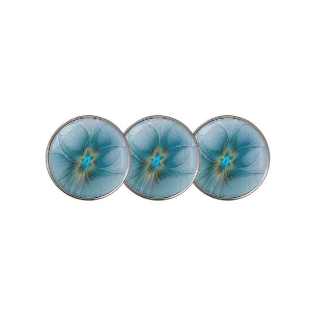 Little Beauty Modern Blue Gold Fractal Art Flower Golf Ball Marker (3 Up)