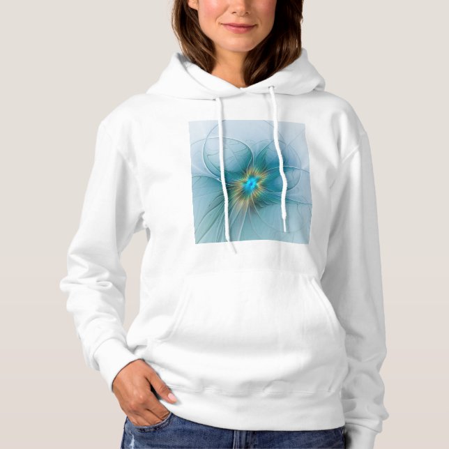 Little Beauty Modern Blue Gold Fractal Art Flower Hoodie (Front)