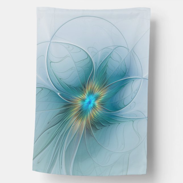 Little Beauty Modern Blue Gold Fractal Art Flower House Flag (Front)