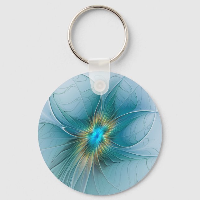Little Beauty Modern Blue Gold Fractal Art Flower Keychain (Front)