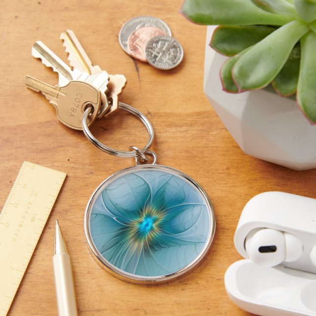 Little Beauty Modern Blue Gold Fractal Art Flower Keychain (Desk)