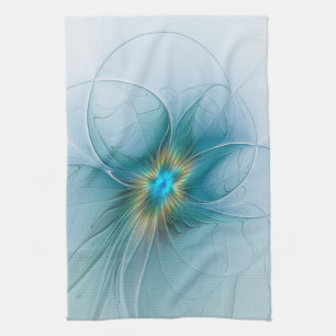 Little Beauty Modern Blue Gold Fractal Art Flower Kitchen Towel