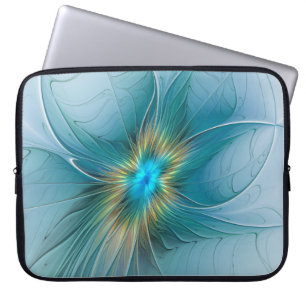 Little Beauty Modern Blue Gold Fractal Art Flower Laptop Sleeve