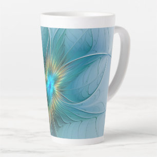 Little Beauty Modern Blue Gold Fractal Art Flower Latte Mug