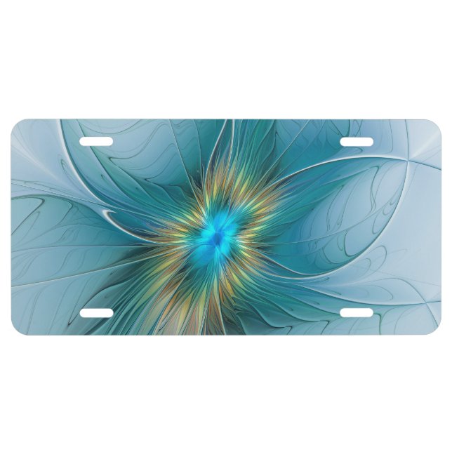 Little Beauty Modern Blue Gold Fractal Art Flower License Plate (Front)