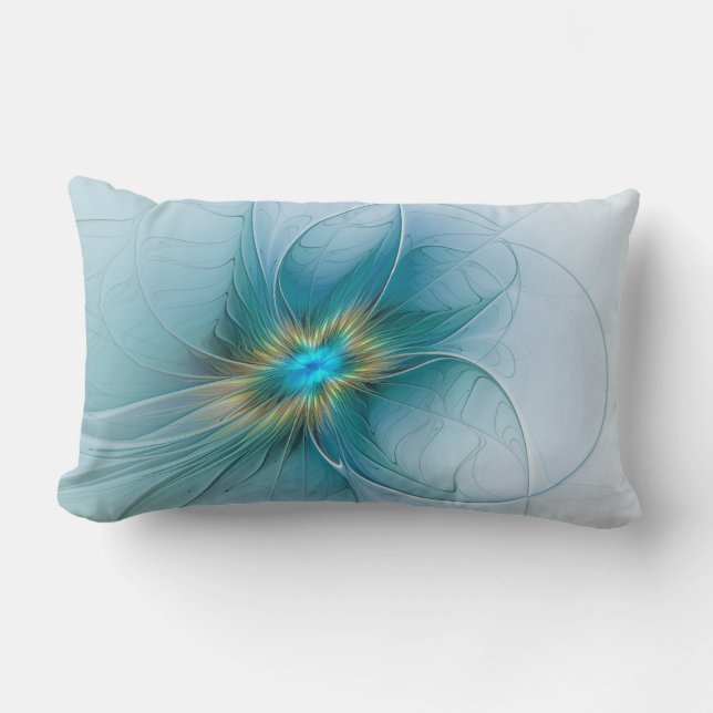 Little Beauty Modern Blue Gold Fractal Art Flower Lumbar Pillow (Front)