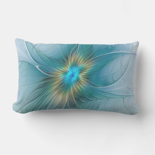 Little Beauty Modern Blue Gold Fractal Art Flower Lumbar Pillow
