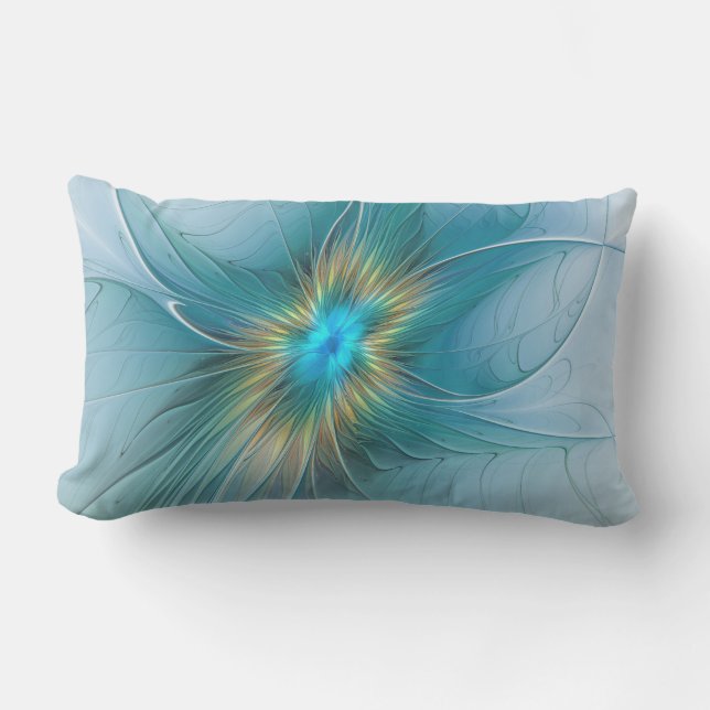Little Beauty Modern Blue Gold Fractal Art Flower Lumbar Pillow (Front)